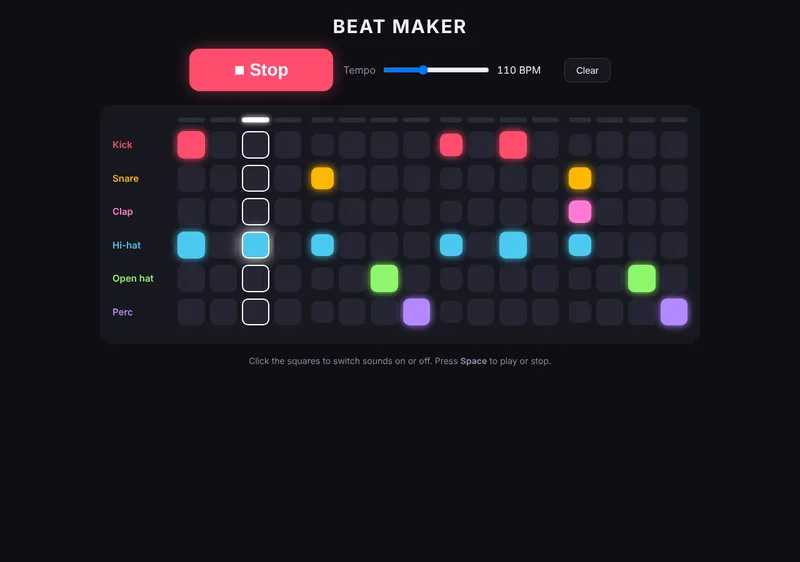 A simple drum grid with six rows of drum sounds, a Play button and a tempo slider.