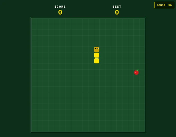 The finished Snake game: a yellow snake with eyes, a red apple, score and best score, and a sound button.