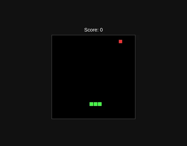 A plain Snake game: green squares on black with a red square for food and a score.